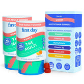 First Day women's multivitamin bottle pouring for daily energy.