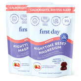 First Day Nighttime Reset bottle pour demonstrates an easy nightly routine for calmer sleep.