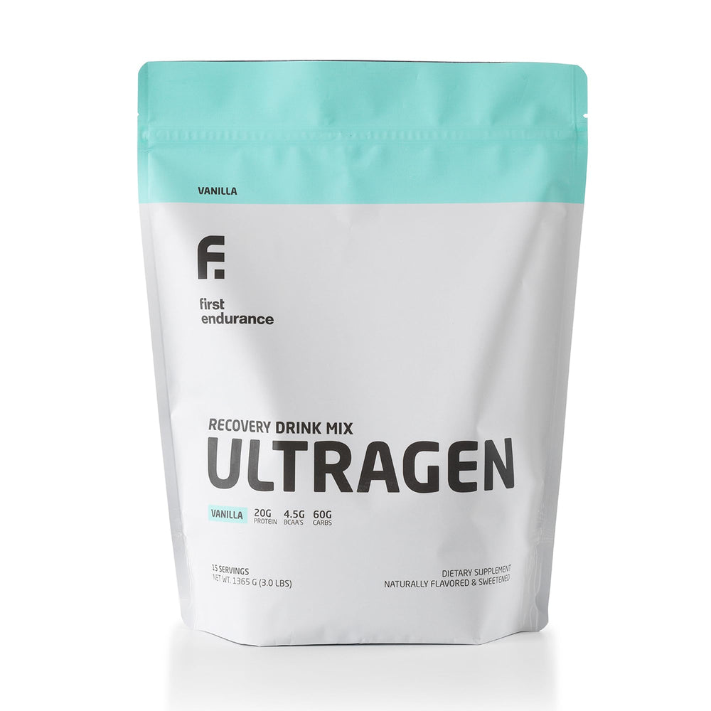 FIRST ENDURANCE Ultragen vanilla powder jar supports post-workout recovery