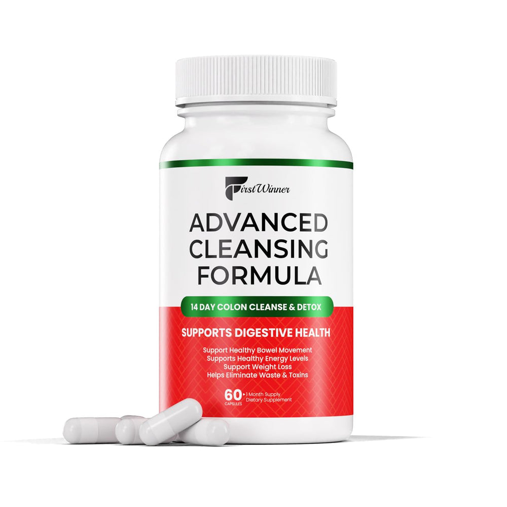First Winner Advanced Colon Cleanse bottle on a counter supports regular digestion.