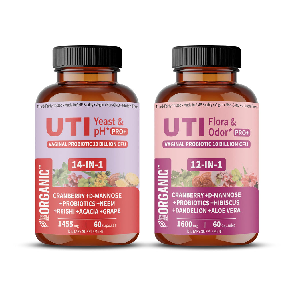 FIRSTORGANIC UTI Flora & Odor Pro+ bottle promotes daily feminine balance.