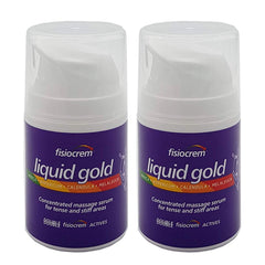 Fisiocrem Liquid Gold bottle pour demonstrates a concentrated massage serum for tense muscles.