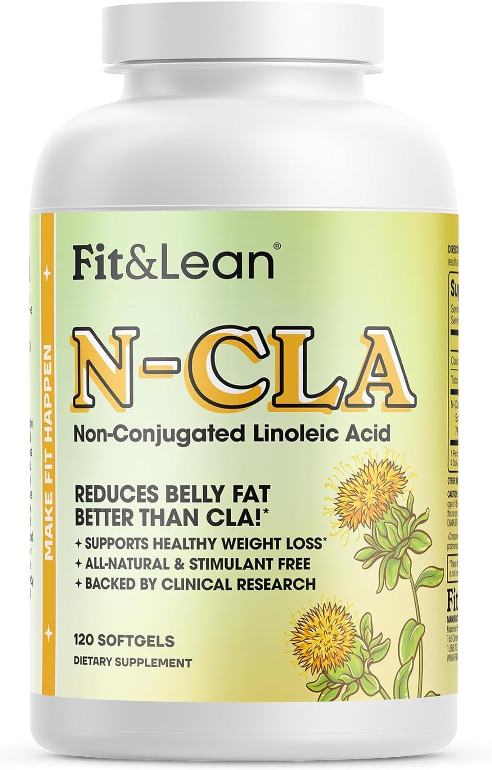 Fit & Lean N-CLA bottle focusing on belly fat reduction and waistline support.