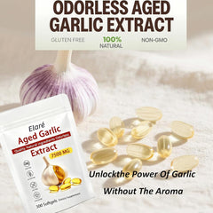 Close-up of Elare Garlic capsules showing odorless formula and 15:1 potency