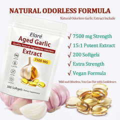 Elare Aged Garlic softgels in a bottle, emphasizing organic origin and easy digestion