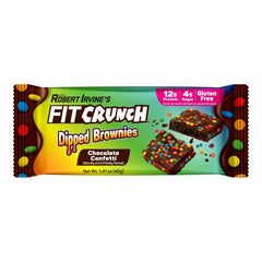 Fit Crunch Dipped Protein Brownies Confetti dipping action shows glossy chocolate coating