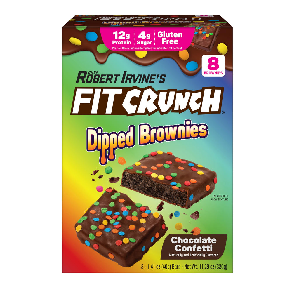 Fit Crunch Dipped Protein Brownies Confetti front view, protein-packed snack for on-the-go