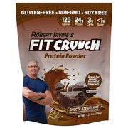 Fit Crunch Tri-Blend Whey Chocolate Deluxe packaging highlights high protein and low calories.