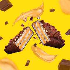 FitCrunch wafer protein bar ingredients layout with oats and peanut pieces.