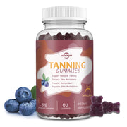 FitEval Tanning Gummies bottle with blueberry flavor suggesting natural glow