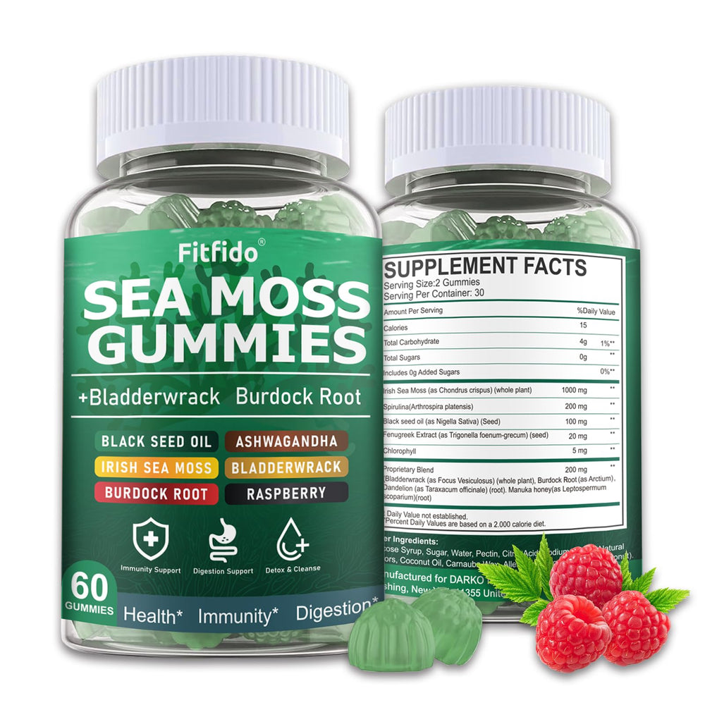 Fitfido Irish Sea Moss Gummies Raspberry bottle highlights immune-supporting, sugar-free wellness