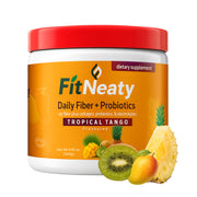 FitNeaty Tropical Tango powder in tub ready to mix for a refreshing digestive boost.