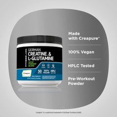 Fitness Labs creatine L-glutamine label shows Creapure and vegan formula.