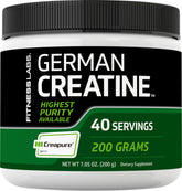 Fitness Labs German Creatine Powder tub close-up highlighting Creapure purity for workouts