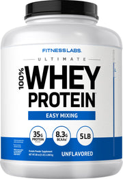 Fitness Labs whey protein unflavored bottle front highlights convenient daily nutrition.