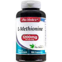 Close-up of FITO MEDIC'S Methionine capsules for easy-to-swallow form.