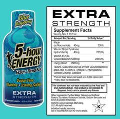 Five-hour ENERGY Extra Strength blue raspberry shot back view with packaging details