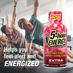 Five-hour ENERGY Cherry Shot label closeup highlighting flavor and energy blend.