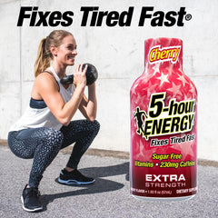 Five-hour ENERGY Cherry Shot packaging box showing zero sugar convenience.
