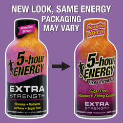 Five-hour Energy Hawaiian Breeze label detail shows zero sugar.