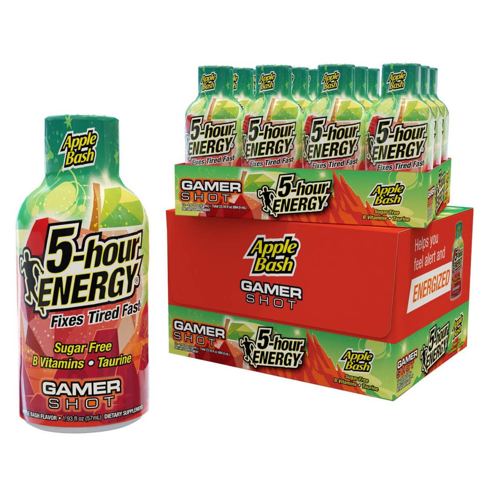 Five-hour Energy Apple Bash gamer shot on desk boosts focus during late-night gaming.