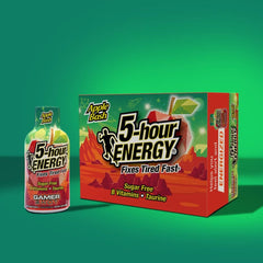 Five-hour Energy Apple Bash shot pours into a glass for quick refuel during play.