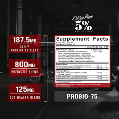 Five Percent Nutrition Probio-75 capsules pack highlighting 14 strains for gut balance.