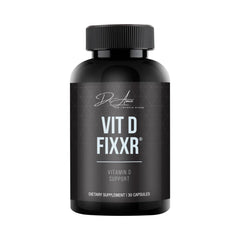 Fixxr VIT D by Dr. Amie bottle close-up with capsules for daily vitamin D support.