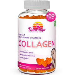 Flamingo Collagen Gummies bottle promotes radiant skin, strong nails, and healthy hair.