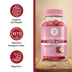 Flat Tummy Keto ACV Gummies packaging highlighting vegan-friendly, gluten-free formula.
