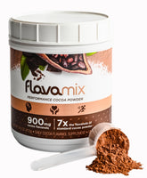 FlavaNaturals FlavaMix bottle showing rich cocoa powder and 900mg flavanols per serving