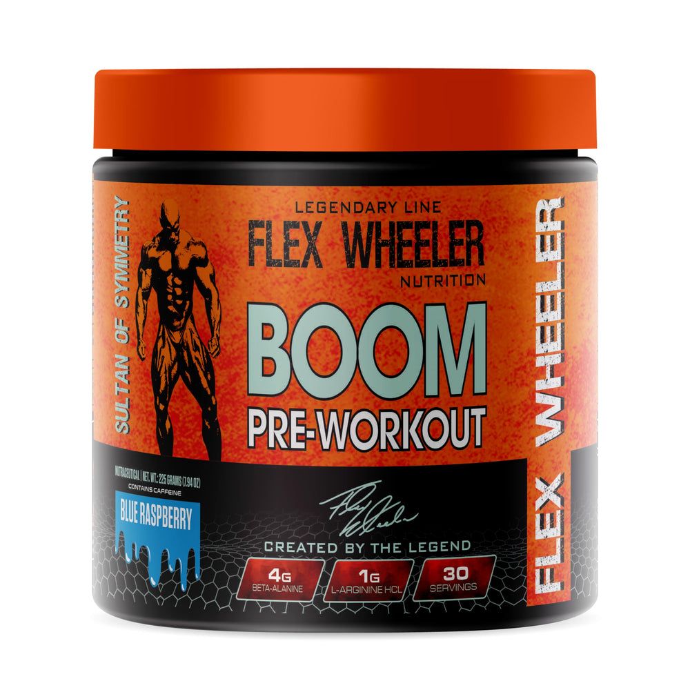 Flex Wheeler Nutrition Boom Pre Workout blue raspberry powder in a jar for a focused boost.