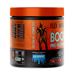 Flex Wheeler Nutrition Boom Pre Workout blue raspberry powder tub ready for on-the-go energy before training.