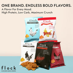 Flock Keto Chicken Skin Chips ingredients, simple seasoning and real chicken.