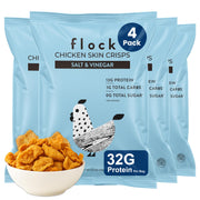 Flock Keto Chicken Skin Chips Salt & Vinegar bag close-up, a high-protein keto snack option.