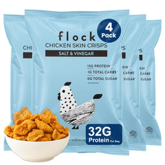 Flock Keto Chicken Skin Chips Salt & Vinegar bag close-up, a high-protein keto snack option.