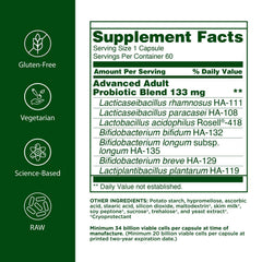 Flora Advanced Adults probiotic capsules closeup highlights convenient, daily support.