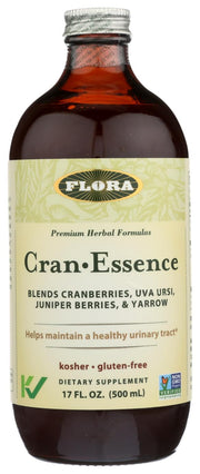 Flora Cran-Essence bottle front showing daily urinary health support