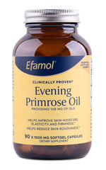 Flora Efamol Evening Primrose Oil bottle with softgels supports skin hydration.
