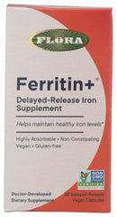 Flora Ferritin+ bottle front shows vegan iron support for daily energy.