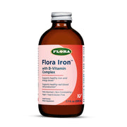 Flora Iron with B-Vitamin Complex bottle label highlights vegan and gluten-free features.