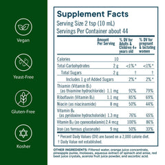 Close-up of Flora Iron liquid formula with fruit-based B vitamins