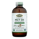 Flora MCT oil bottle close-up highlighting organic certification for clean energy support.