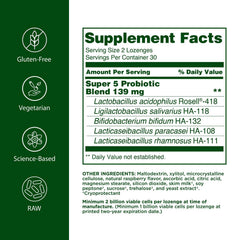 Flora raspberry-flavored probiotic lozenge dissolving in mouth for easy daily use.