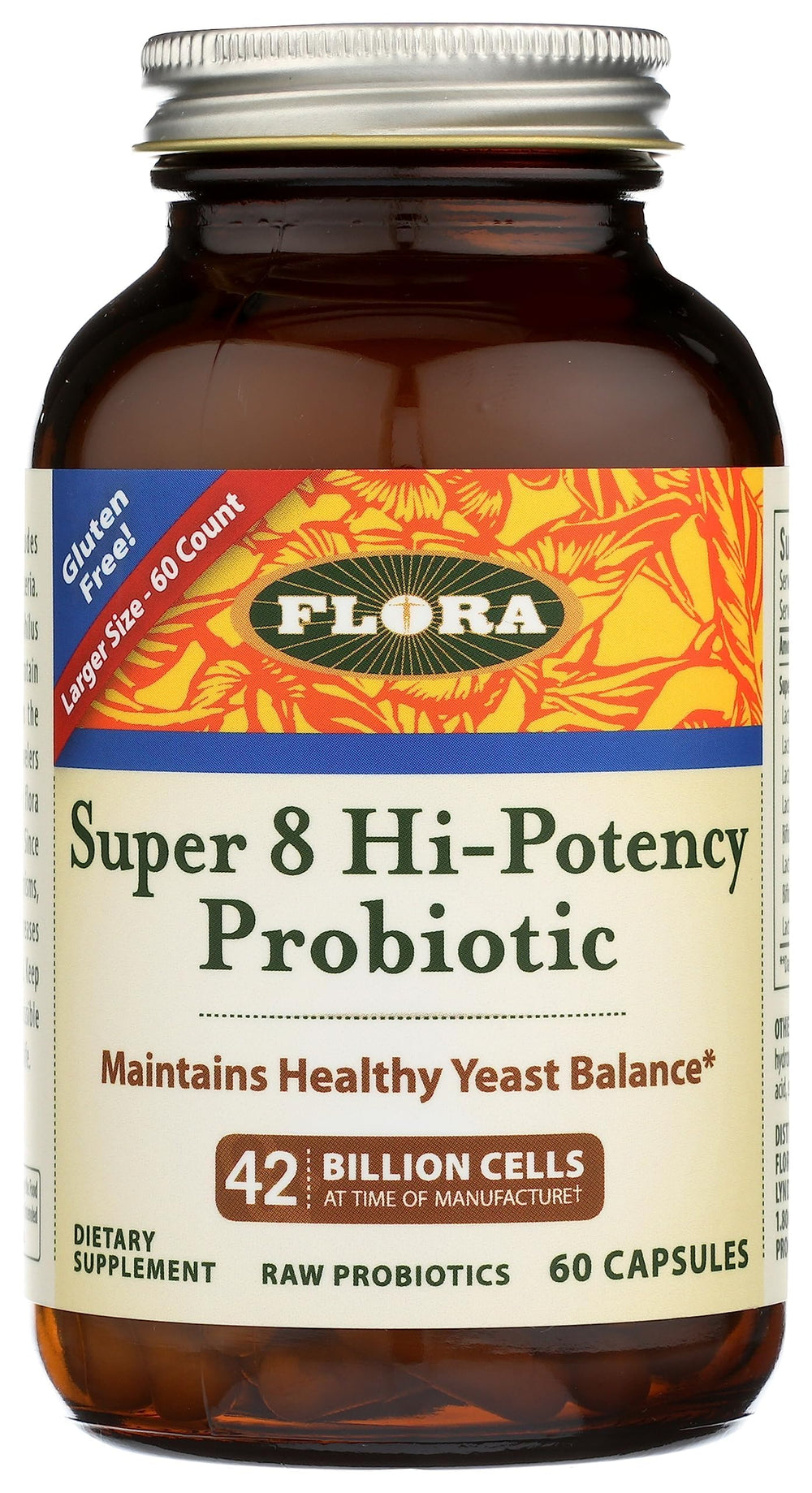Flora Super 8 bottle front showing high-potency probiotic for daily gut support
