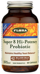 Flora Super 8 bottle front showing high-potency probiotic for daily gut support