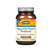 Flora Super 8 probiotics bottle with capsules for daily digestive balance.