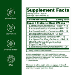 Flora Super 8 potency capsules close-up showing high CFU per serving.
