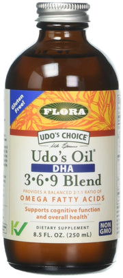 Flora Udo's Oil balance bottle showing the 2:1:1 omega blend for daily use.