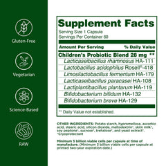 Label closeup of Flora Udo's Choice Children's Probiotic showing seven strains for ages 5-15.